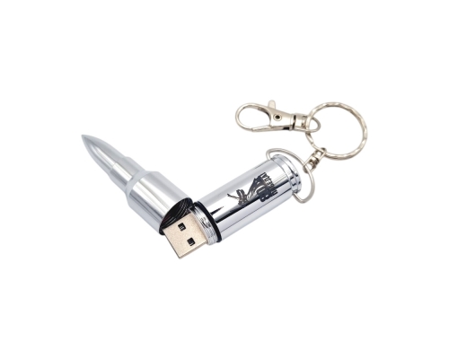 Флешка Металлическая Пуля "Bullet" R55 серебряная глянцевая, гравировка, чернение