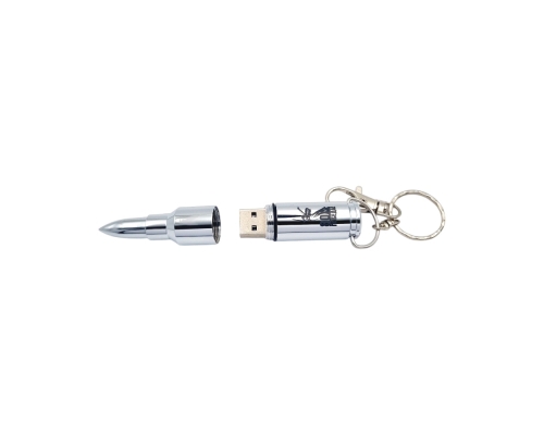 Флешка Металлическая Пуля "Bullet" R55 серебряная глянцевая, гравировка, чернение
