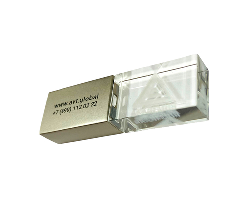 Флешка Стеклянная Кристалл "Crystal Glass Metal" W14 золотая, гравировка 3D, гравировка с чернением 1+1