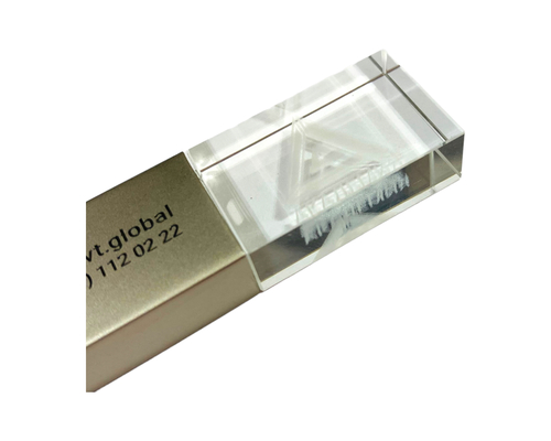 Флешка Стеклянная Кристалл "Crystal Glass Metal" W14 золотая, гравировка 3D, гравировка с чернением 1+1
