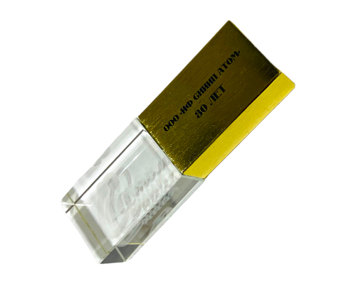 Флешка Стеклянная Кристалл "Crystal Glass Metal" W14 золотая, гравировка 3D, гравировка с чернением 1+0