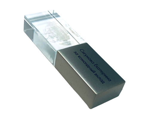 Флешка Стеклянная Кристалл "Crystal Glass Metal" W14 серебряная, гравировка 3D, гравировка с чернением 1+1